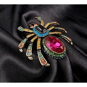 Rare Heidi Daus Multicolor Rhinestone Spider Brooch With Large Pink Oval Jewel